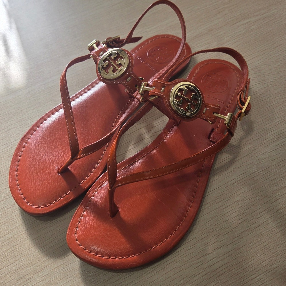 Tory Burch Miller Patent Leather Logo Sandals Orange Gold Size 6.5 M